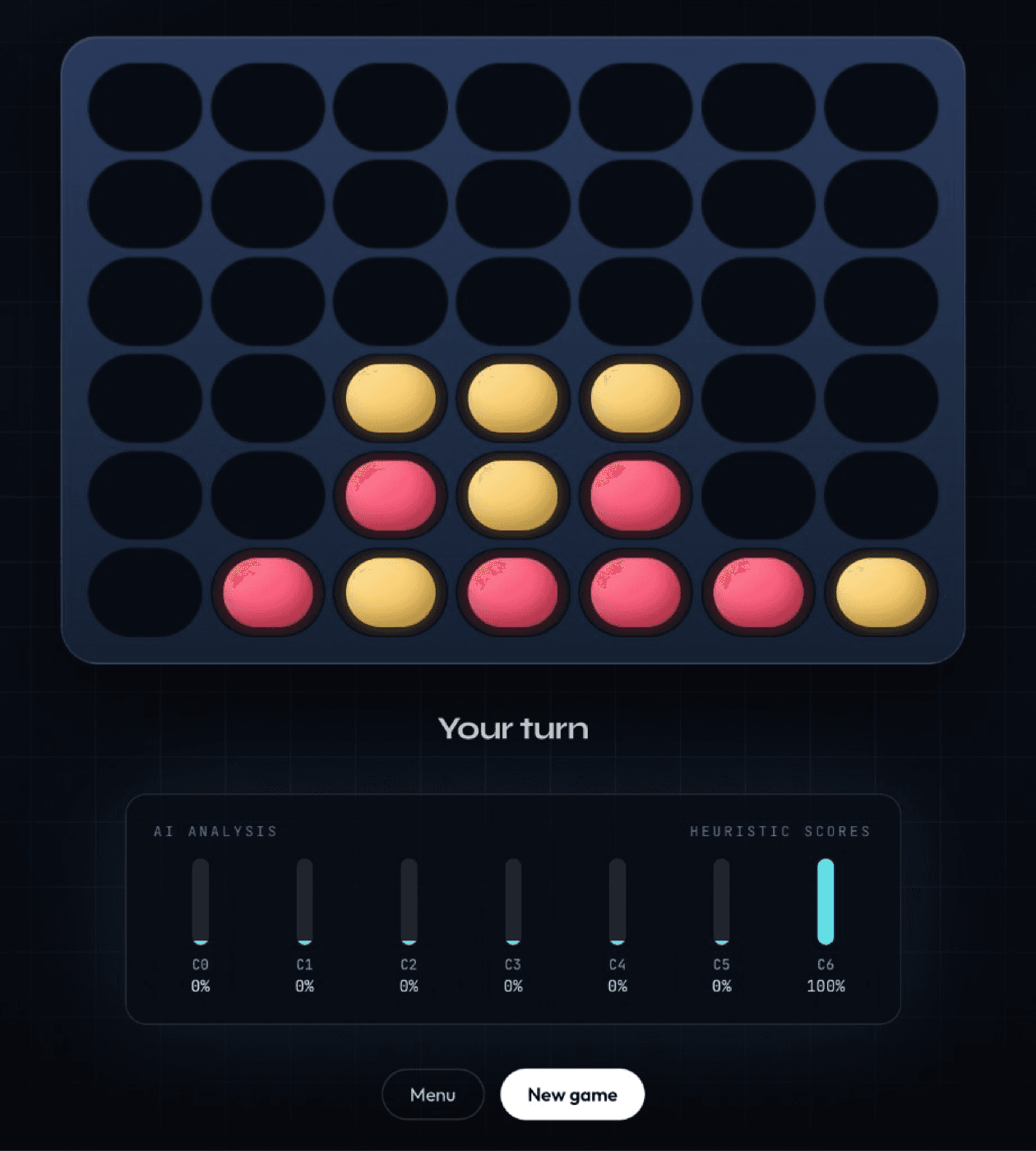 Looping Connect Four gameplay: pieces dropping, column highlights, and per-column heuristic scores updating under the board.